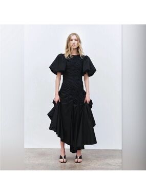 Aje Black Asymmetrical Puff Sleeve Midi Dress